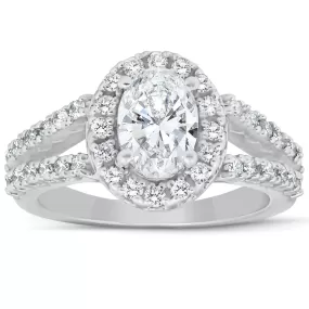 1 1/2 Ct Oval Cut Diamond Halo Split Shank Engagement Ring 14k White Gold