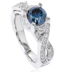 1 1/2ct Blue Diamond Vintage Infinity Engagement Ring 14K White Gold