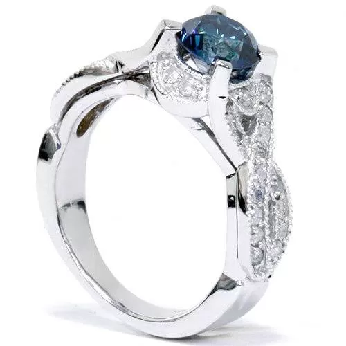 1 1/2ct Blue Diamond Vintage Infinity Engagement Ring 14K White Gold