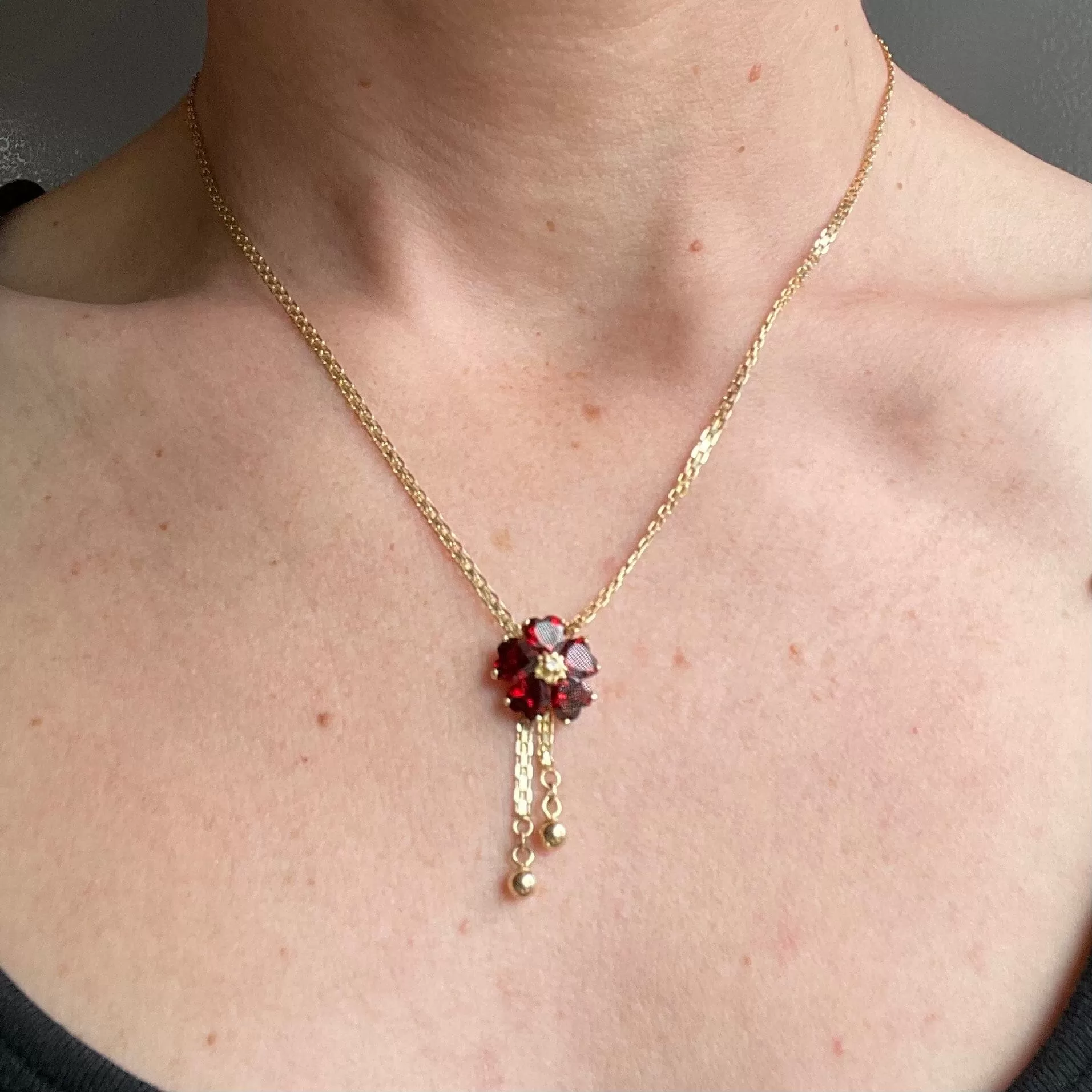 14K Gold Diamond Garnet Flower Necklace