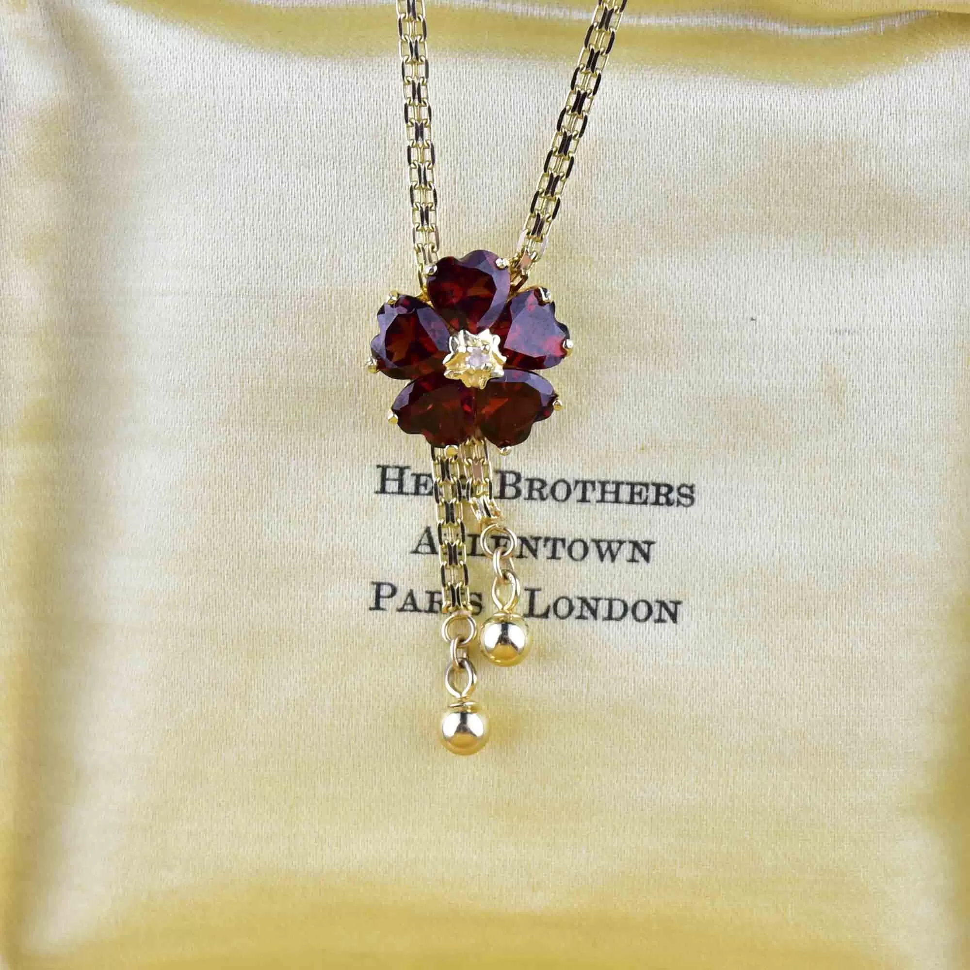 14K Gold Diamond Garnet Flower Necklace