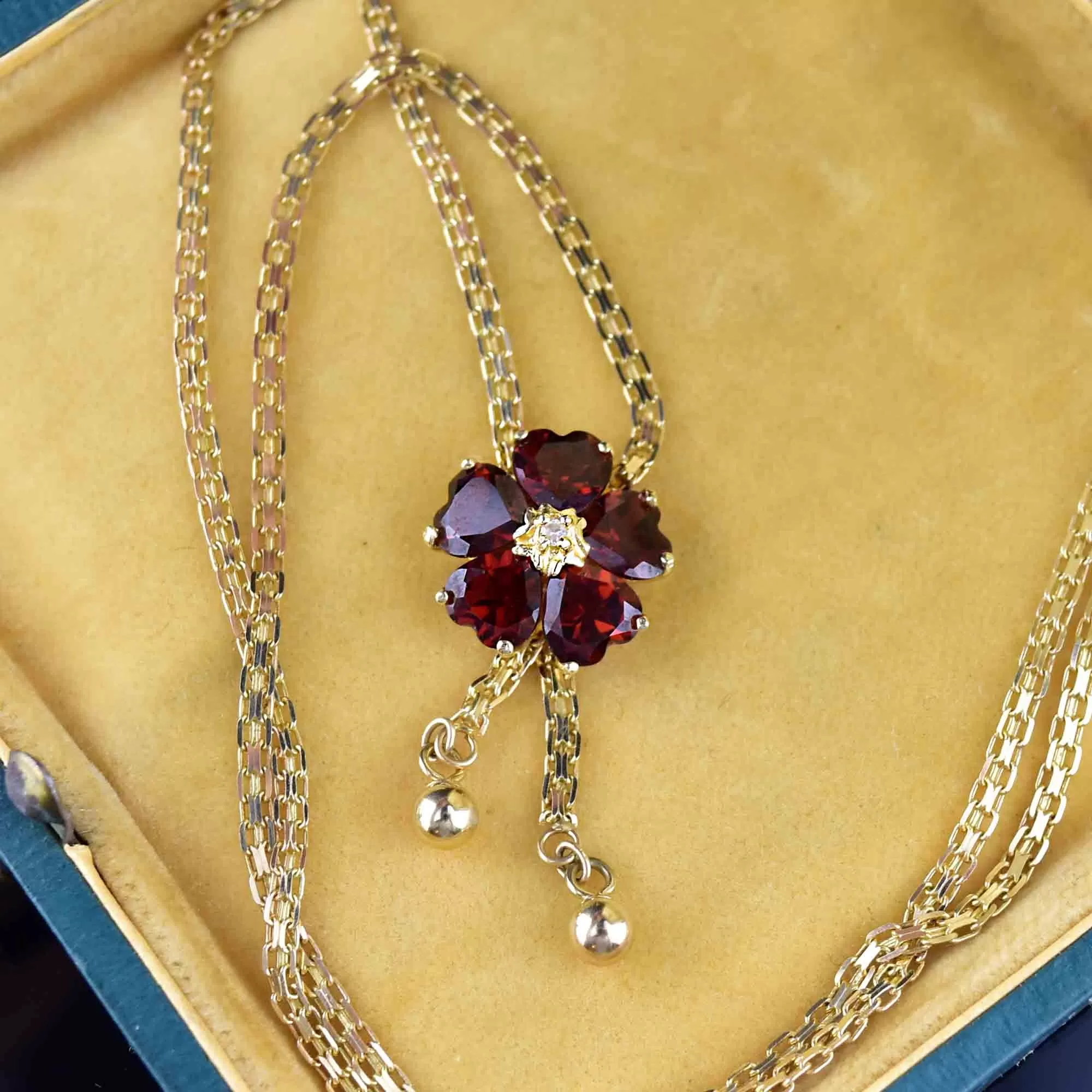 14K Gold Diamond Garnet Flower Necklace