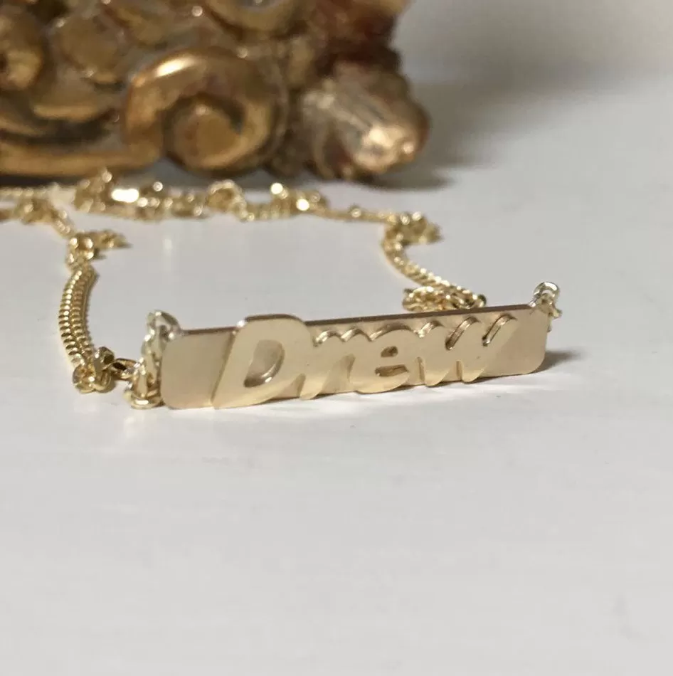 14K Solid Gold Raised Letter Name Bar Necklace