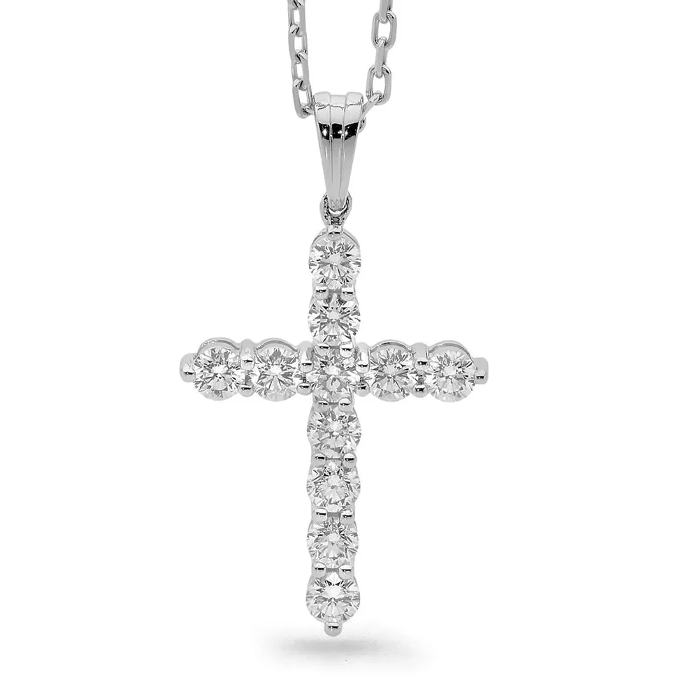 14K White Gold 11 Stones Diamond Cross Pendant