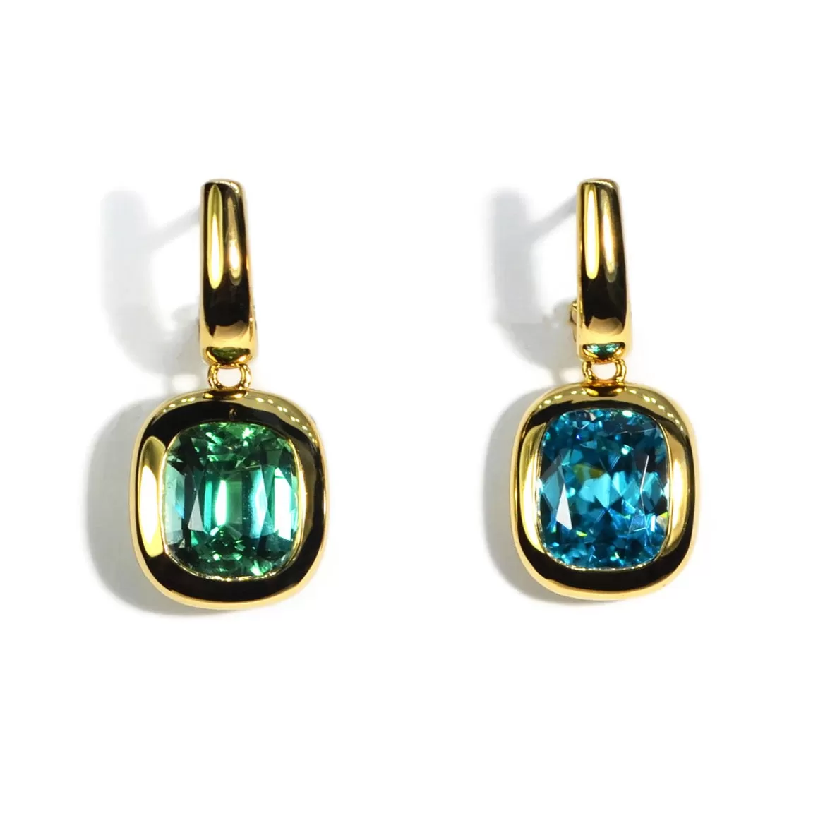 A & Furst - Essential - One of a Kind Mismatched Drop Earrings with Blue Zircon and Mint Tourmaline, 18k Yellow Gold