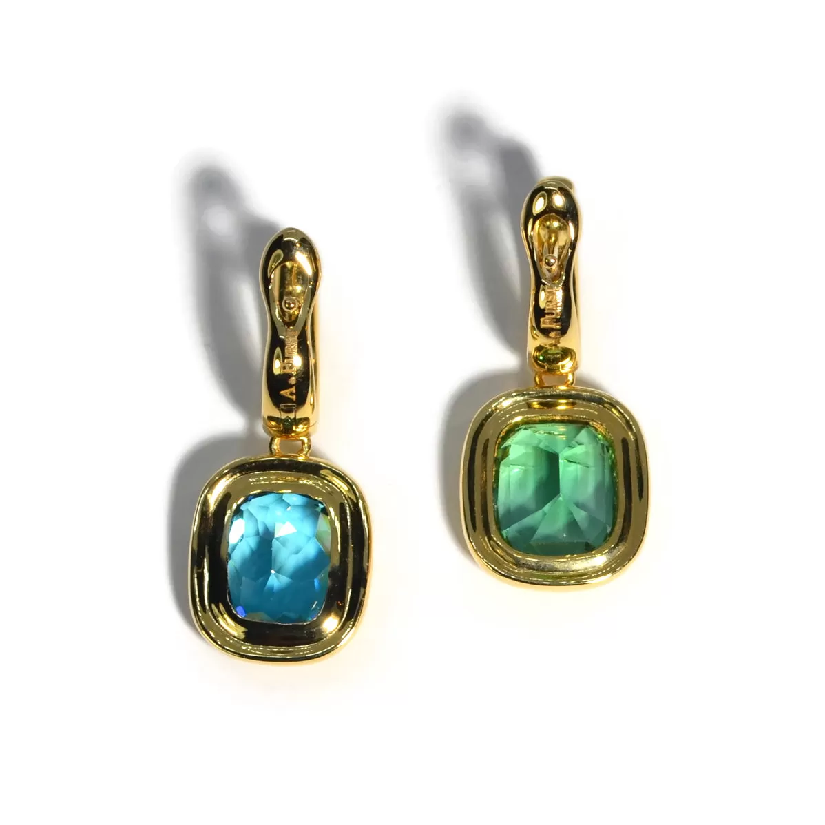 A & Furst - Essential - One of a Kind Mismatched Drop Earrings with Blue Zircon and Mint Tourmaline, 18k Yellow Gold