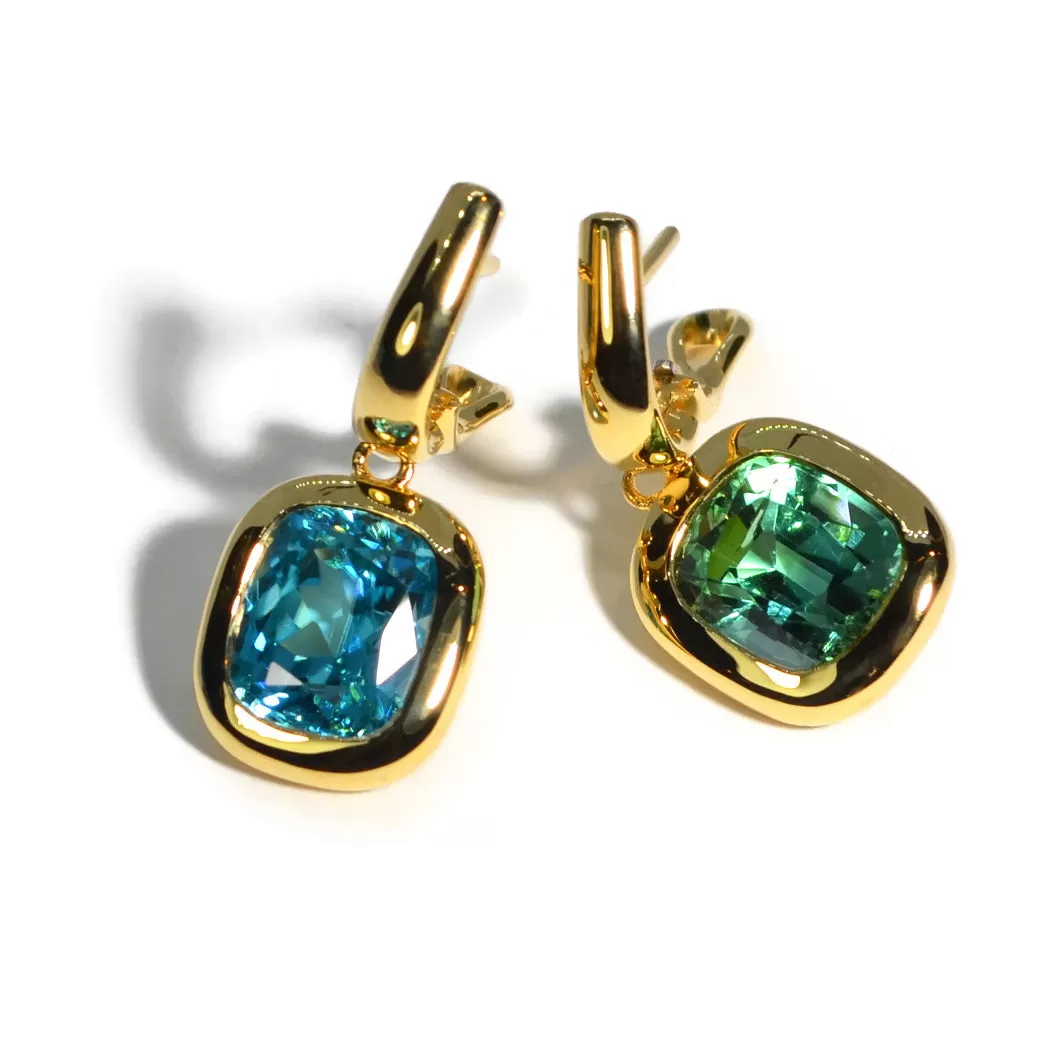 A & Furst - Essential - One of a Kind Mismatched Drop Earrings with Blue Zircon and Mint Tourmaline, 18k Yellow Gold