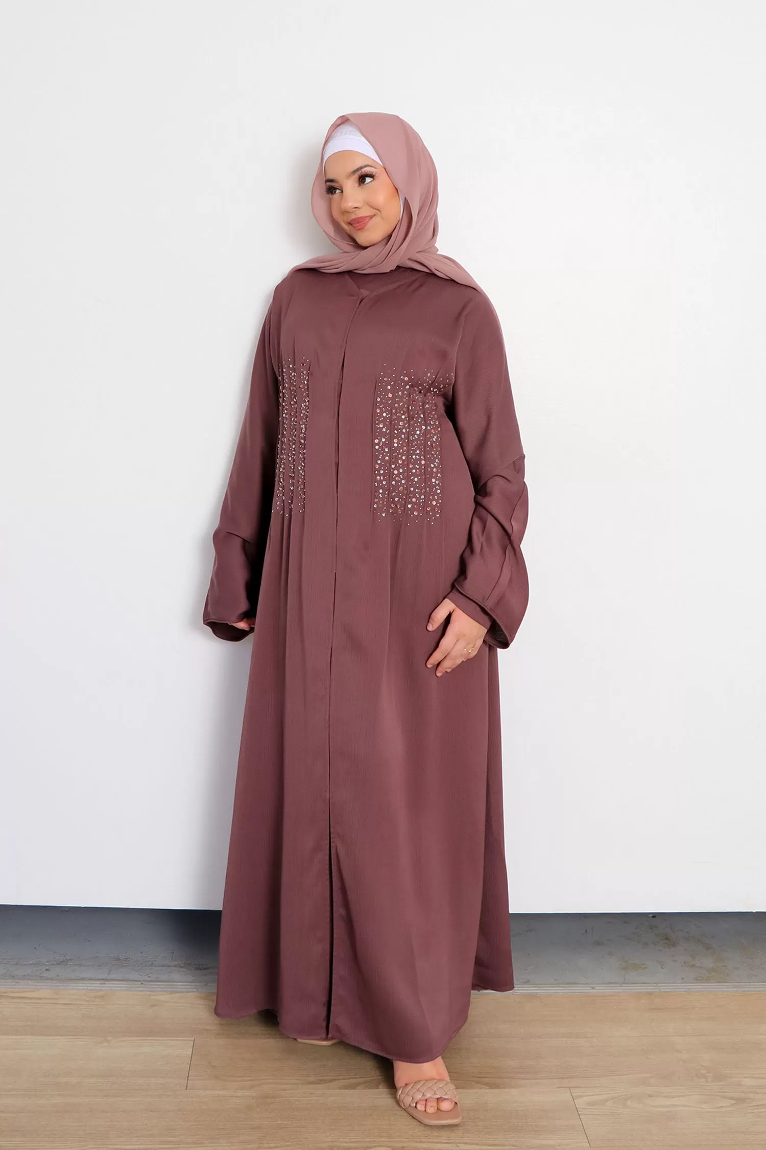 Aaira Textured Beaded Open Abaya- Mocha