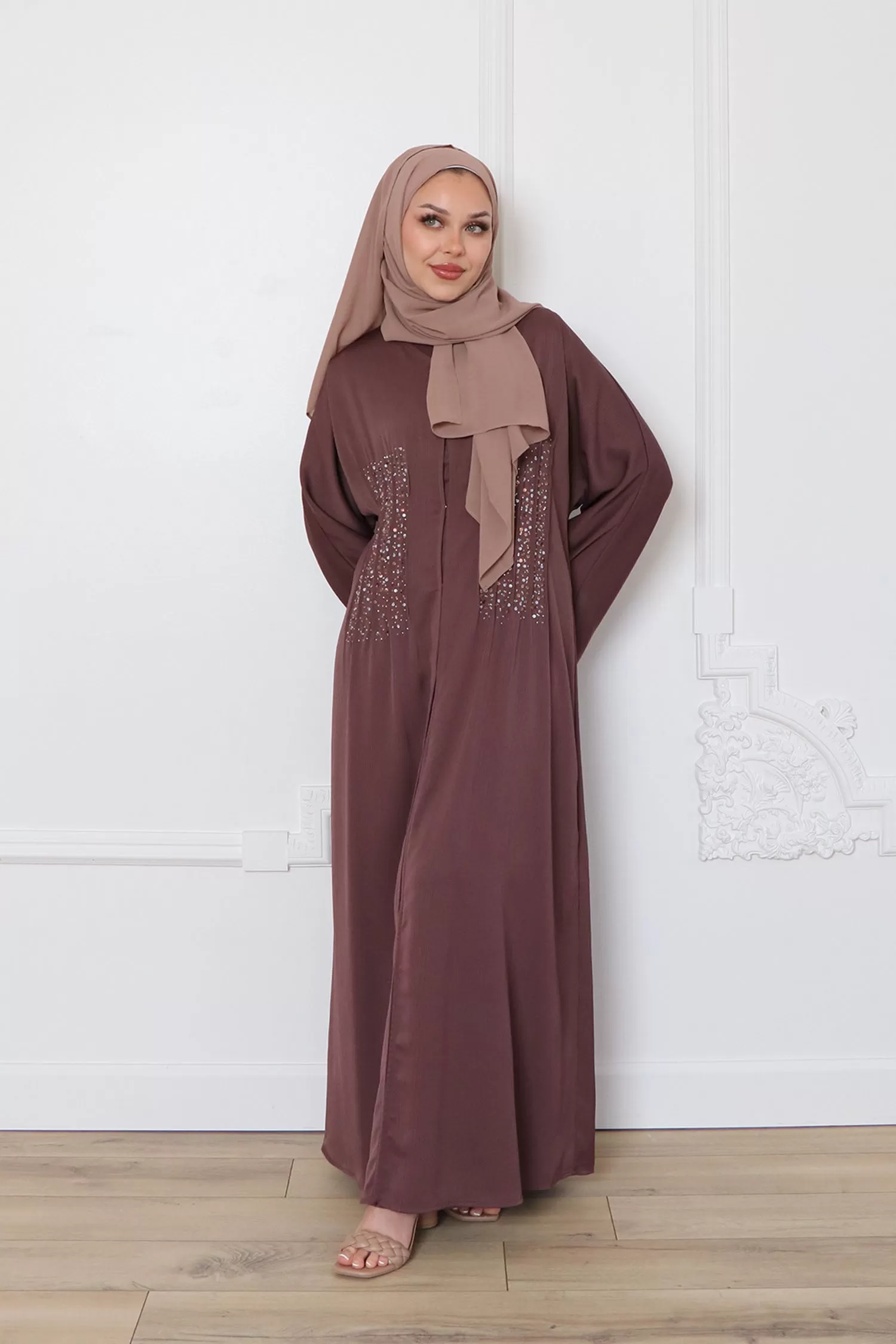 Aaira Textured Beaded Open Abaya- Mocha