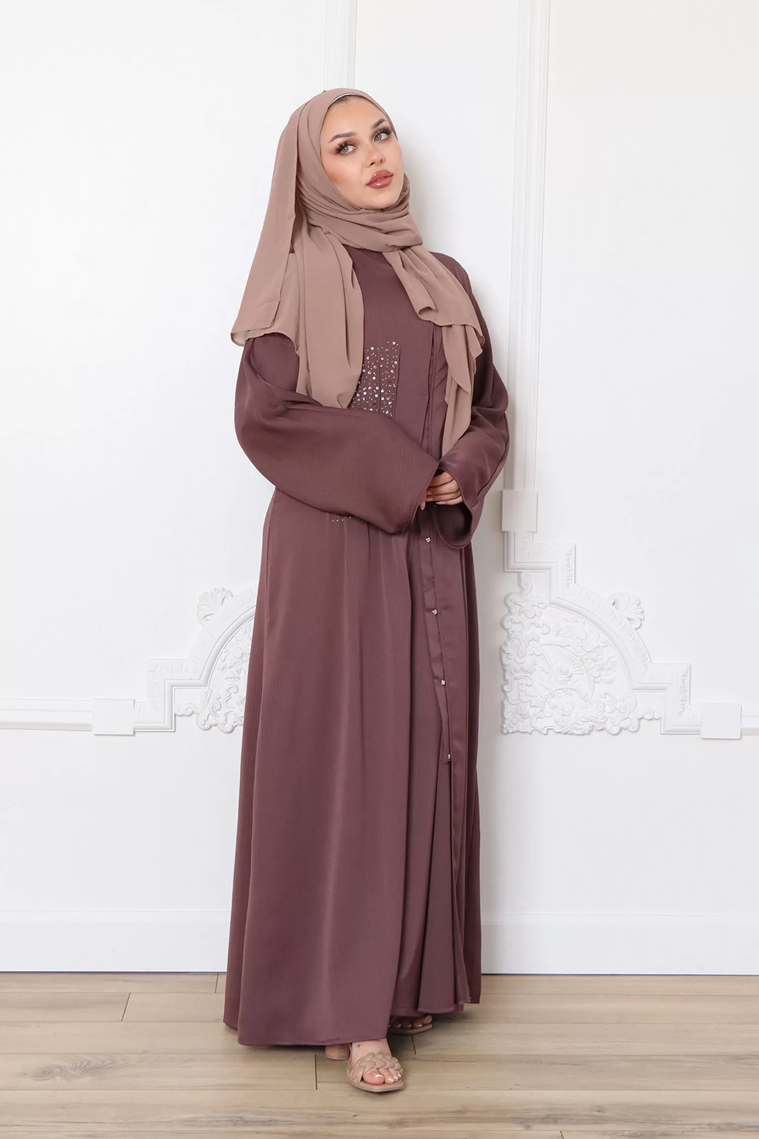 Aaira Textured Beaded Open Abaya- Mocha