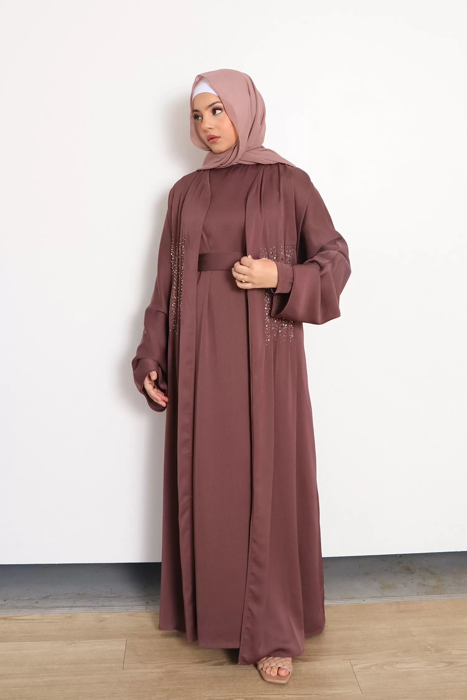 Aaira Textured Beaded Open Abaya- Mocha