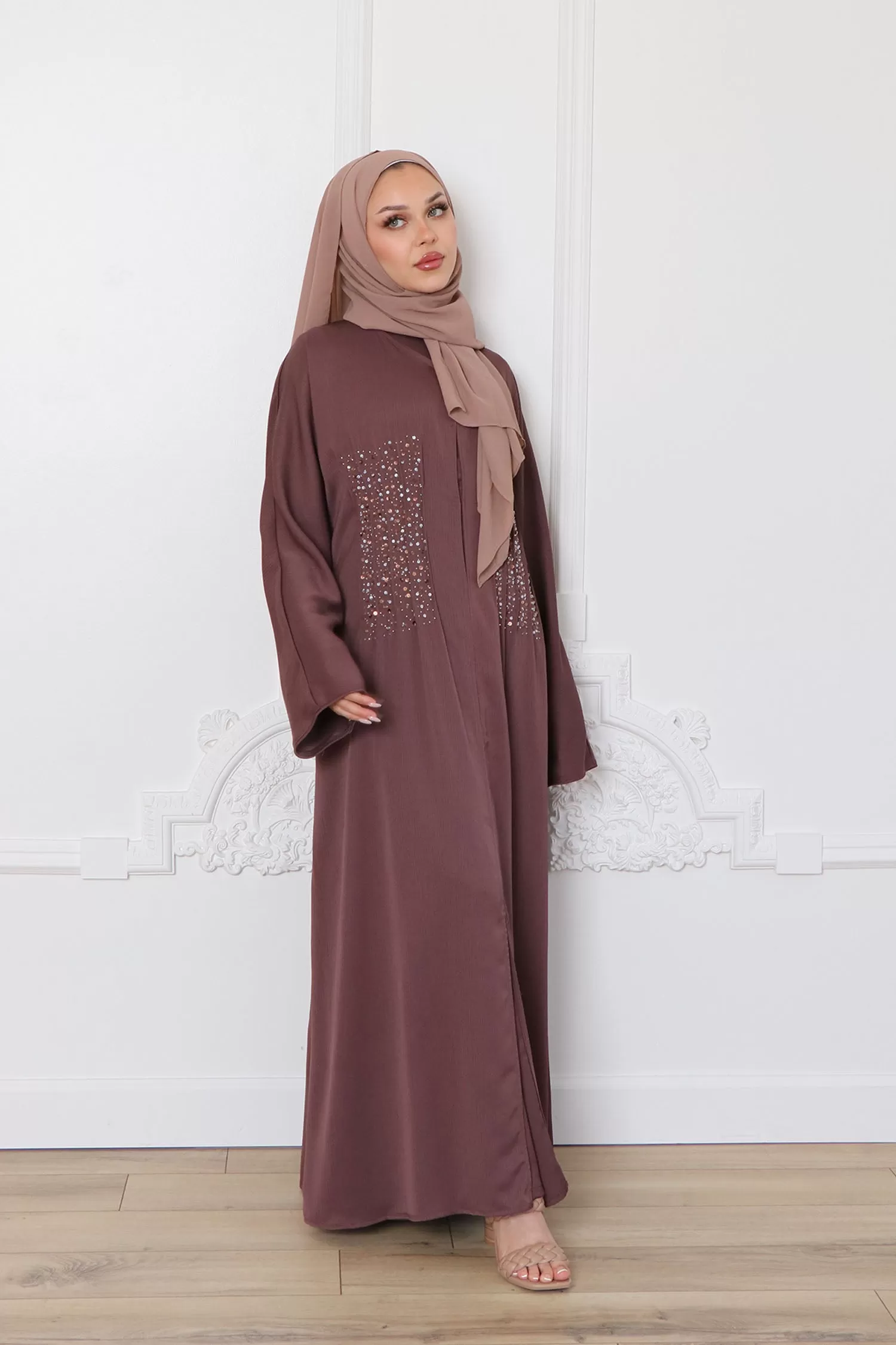 Aaira Textured Beaded Open Abaya- Mocha