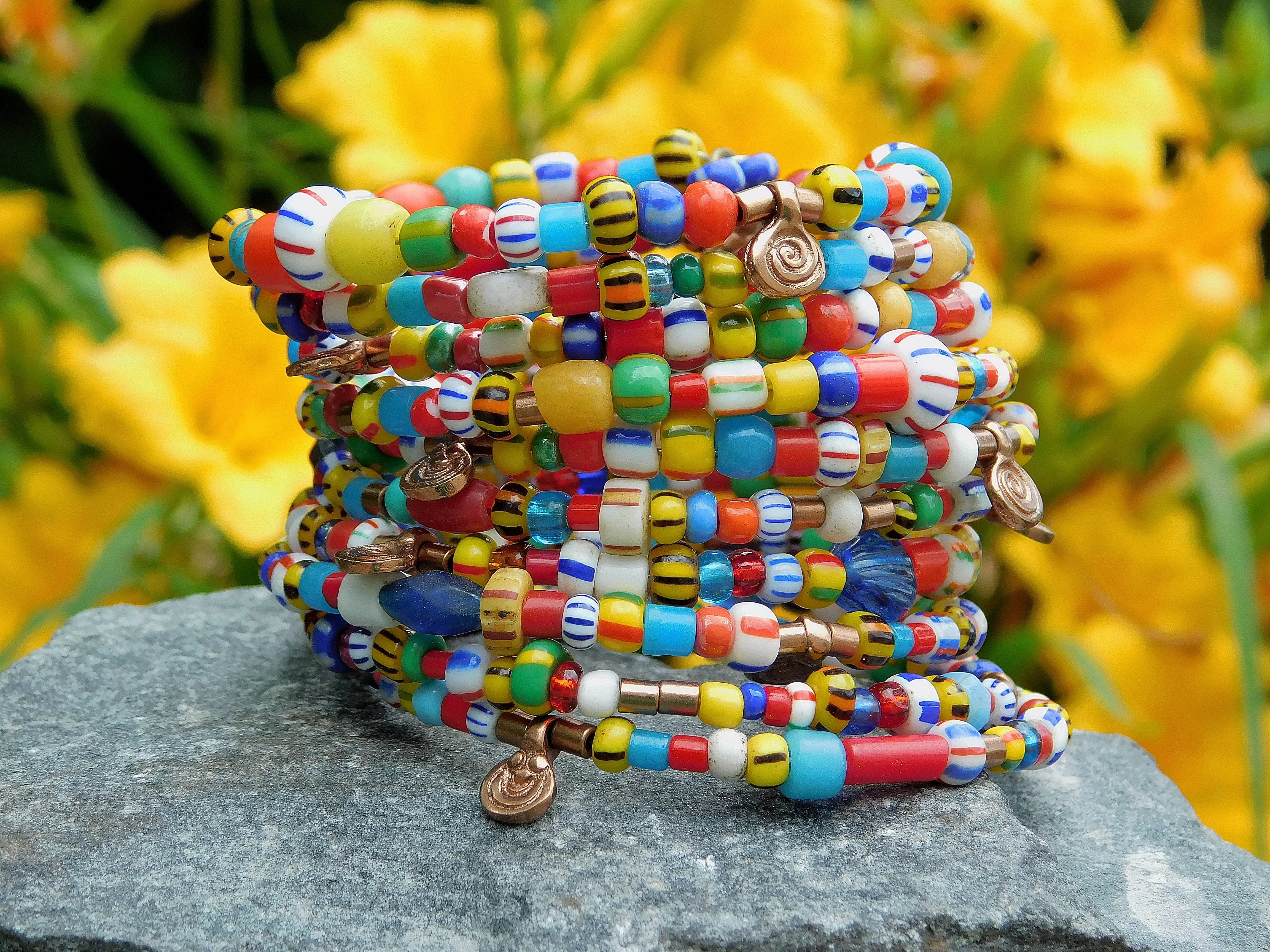 African Christmas Beads Bangle with Mini Baule Charms