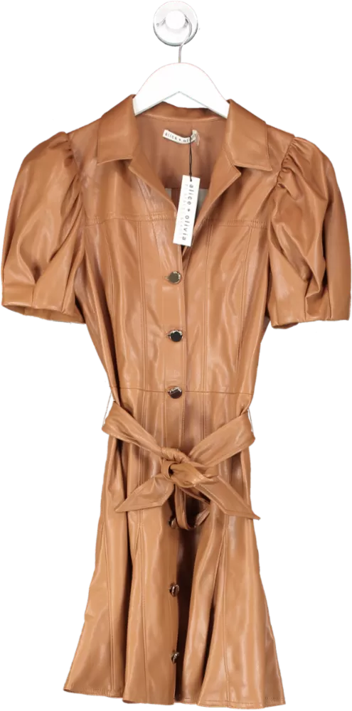 Alice   Olivia camel Pleated Belted Vegan Leather Mini Dress  UK 8