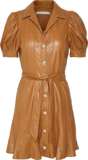 Alice   Olivia camel Pleated Belted Vegan Leather Mini Dress  UK 8