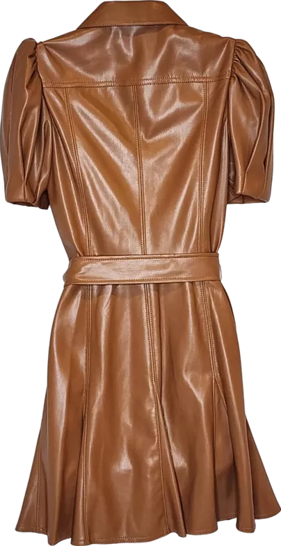 Alice   Olivia camel Pleated Belted Vegan Leather Mini Dress  UK 8