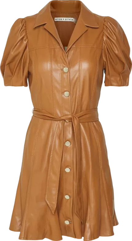 Alice   Olivia camel Pleated Belted Vegan Leather Mini Dress  UK 8