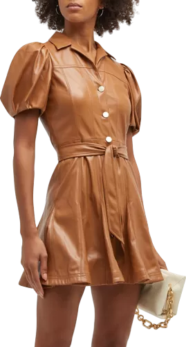 Alice   Olivia camel Pleated Belted Vegan Leather Mini Dress  UK 8