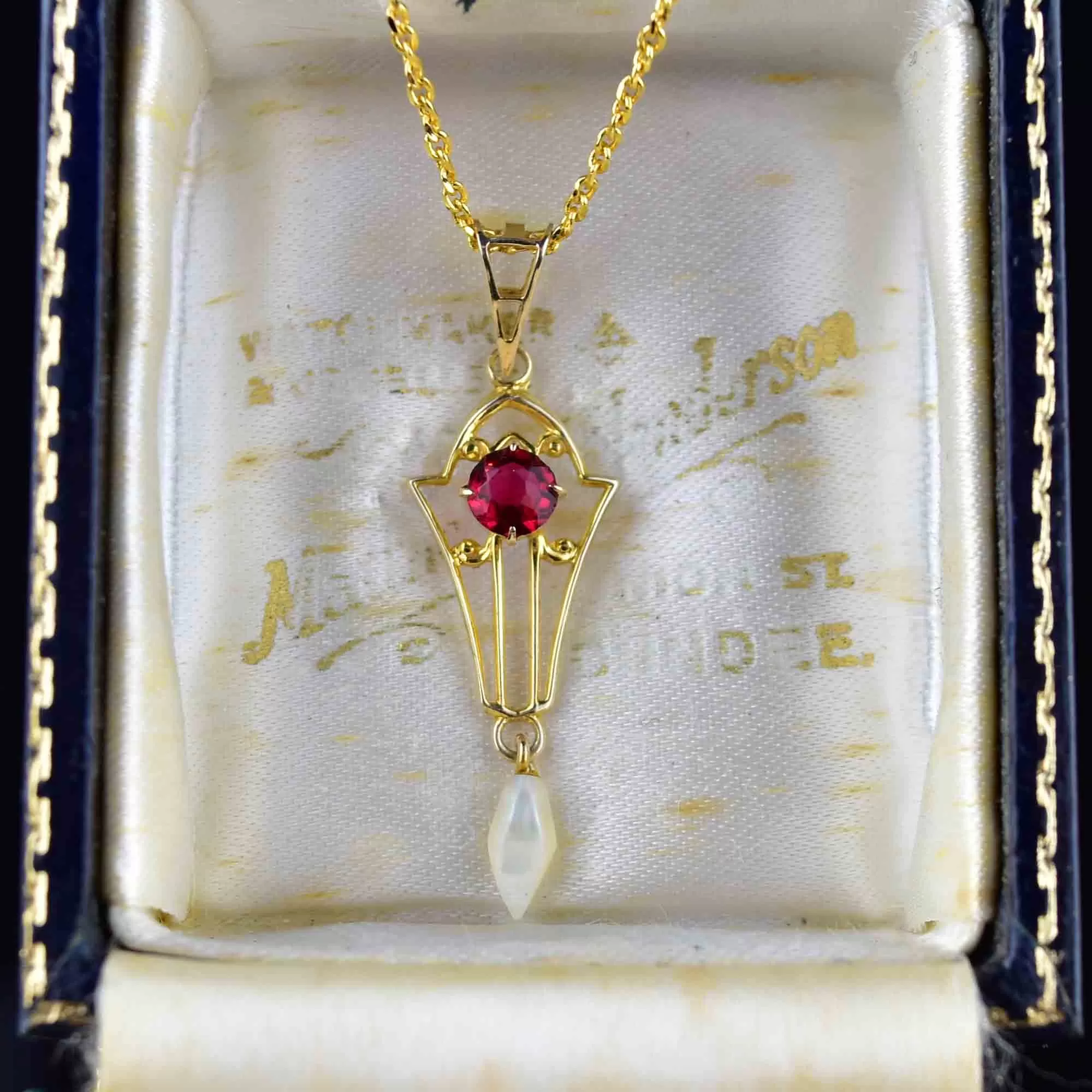 Antique 10K Gold Ruby Pearl Lavalier Necklace