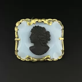 Antique Victorian Black Porcelain Cameo Chalcedony Brooch