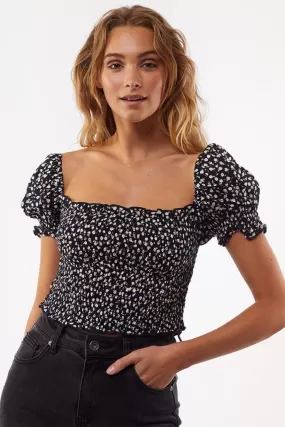 Autumn Dark Ditsy Print Crop Puff Sleeve Top