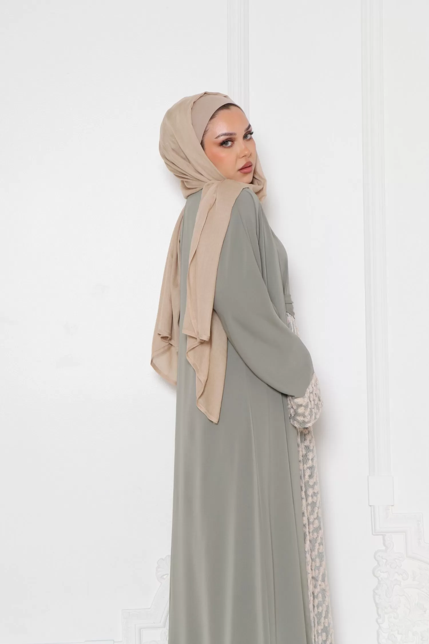 Azra Embroidery Abaya Set- Dusty Olive