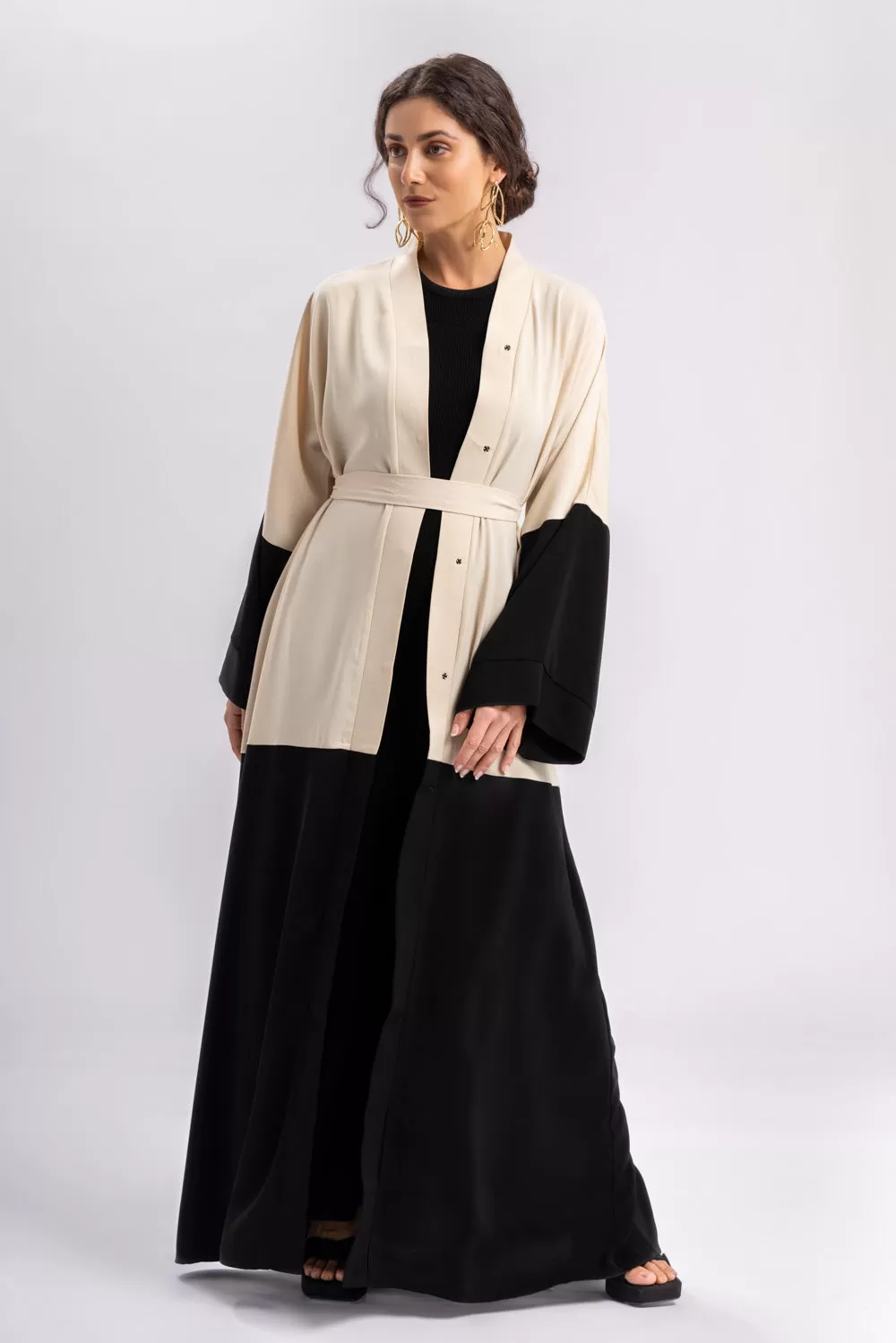 Beige Black Open Abaya