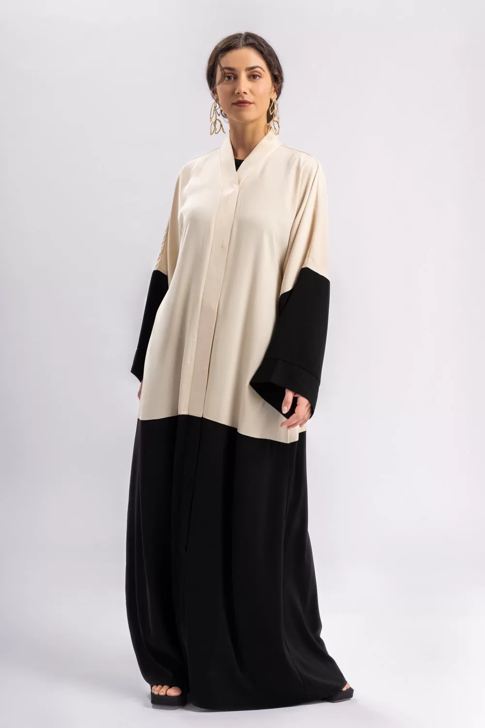 Beige Black Open Abaya