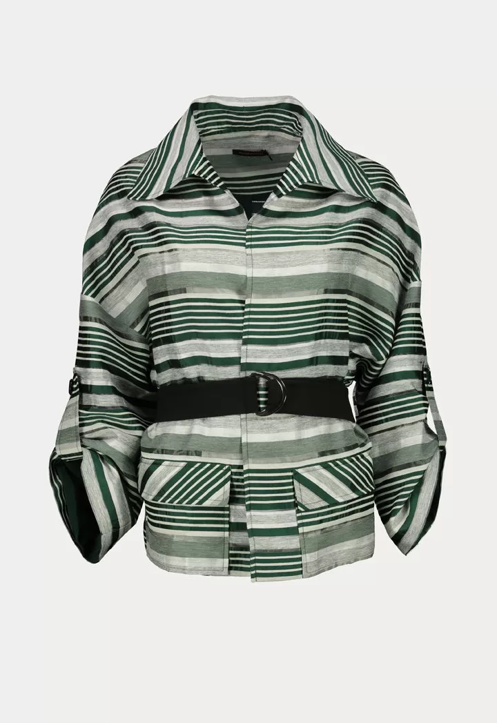 Belted Striped Pattern Outerwear