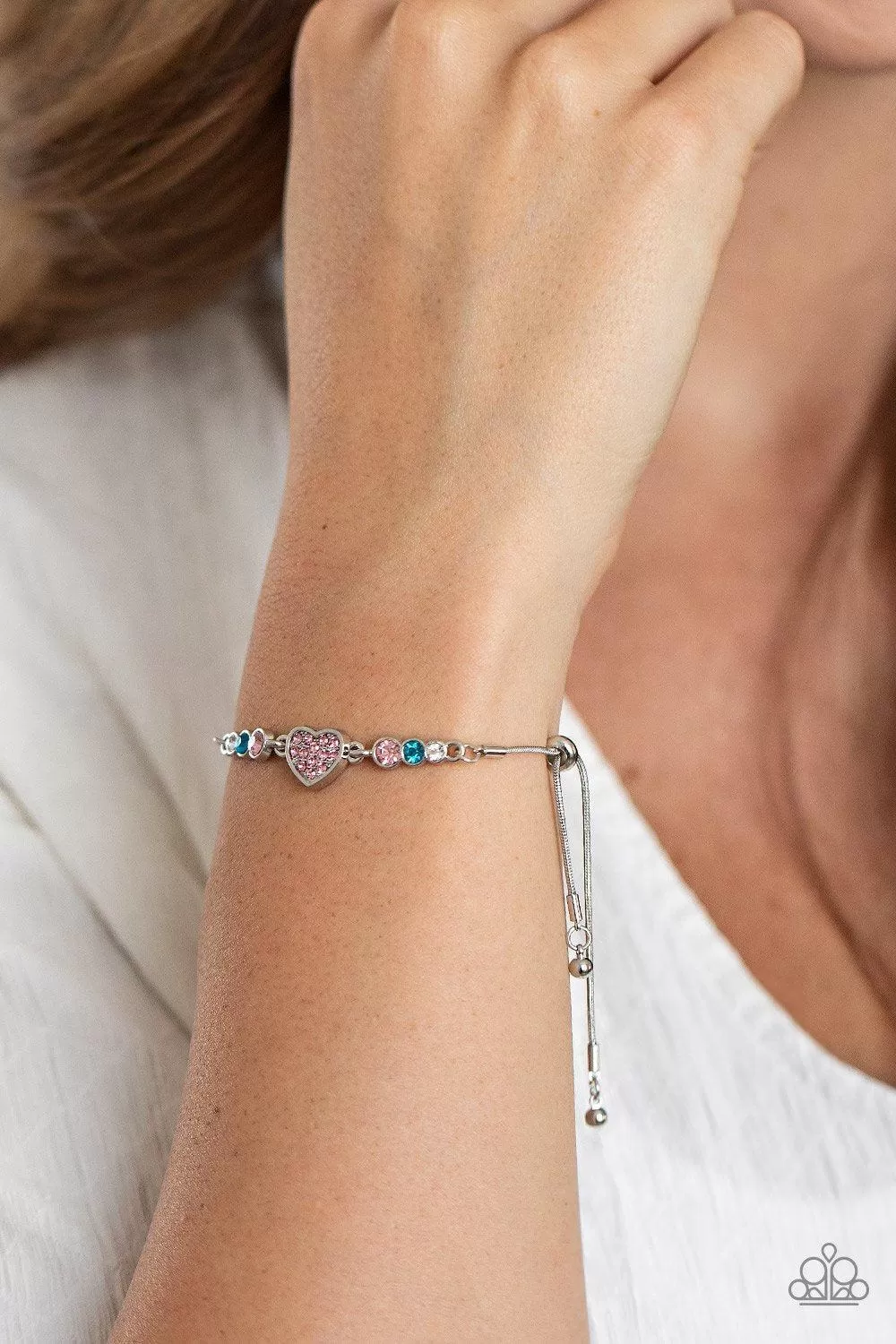 Big-Hearted Beam Multi Blue and Pink Rhinestone Heart Slide Bracelet - Paparazzi Accessories