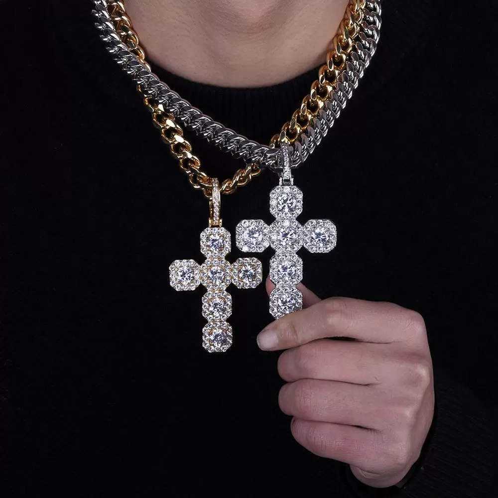 Big Iced Out Cubic Zirconia Cross Pendant Micro Pave With 12mm Cuban Style Chain Necklace