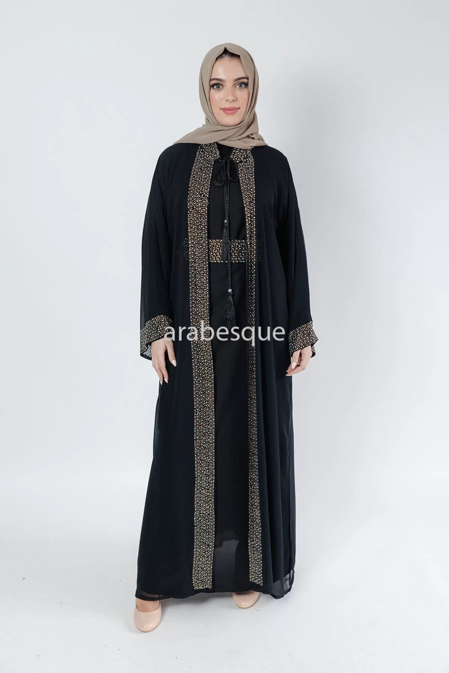 Black Abaya set with Belt diamante detailing