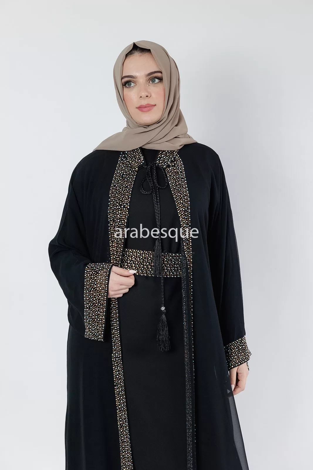 Black Abaya set with Belt diamante detailing