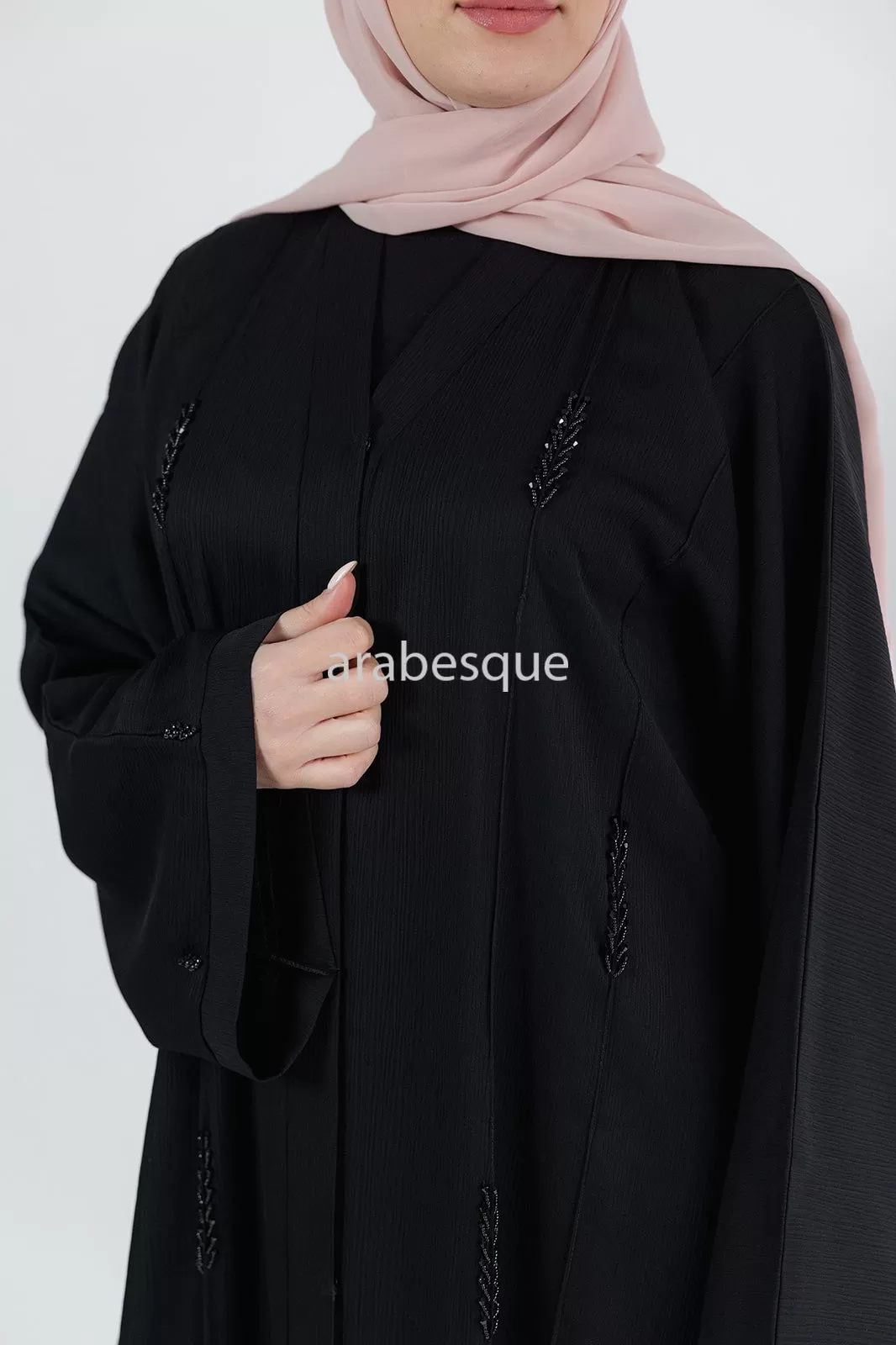 Black Beaded textured Open Abaya