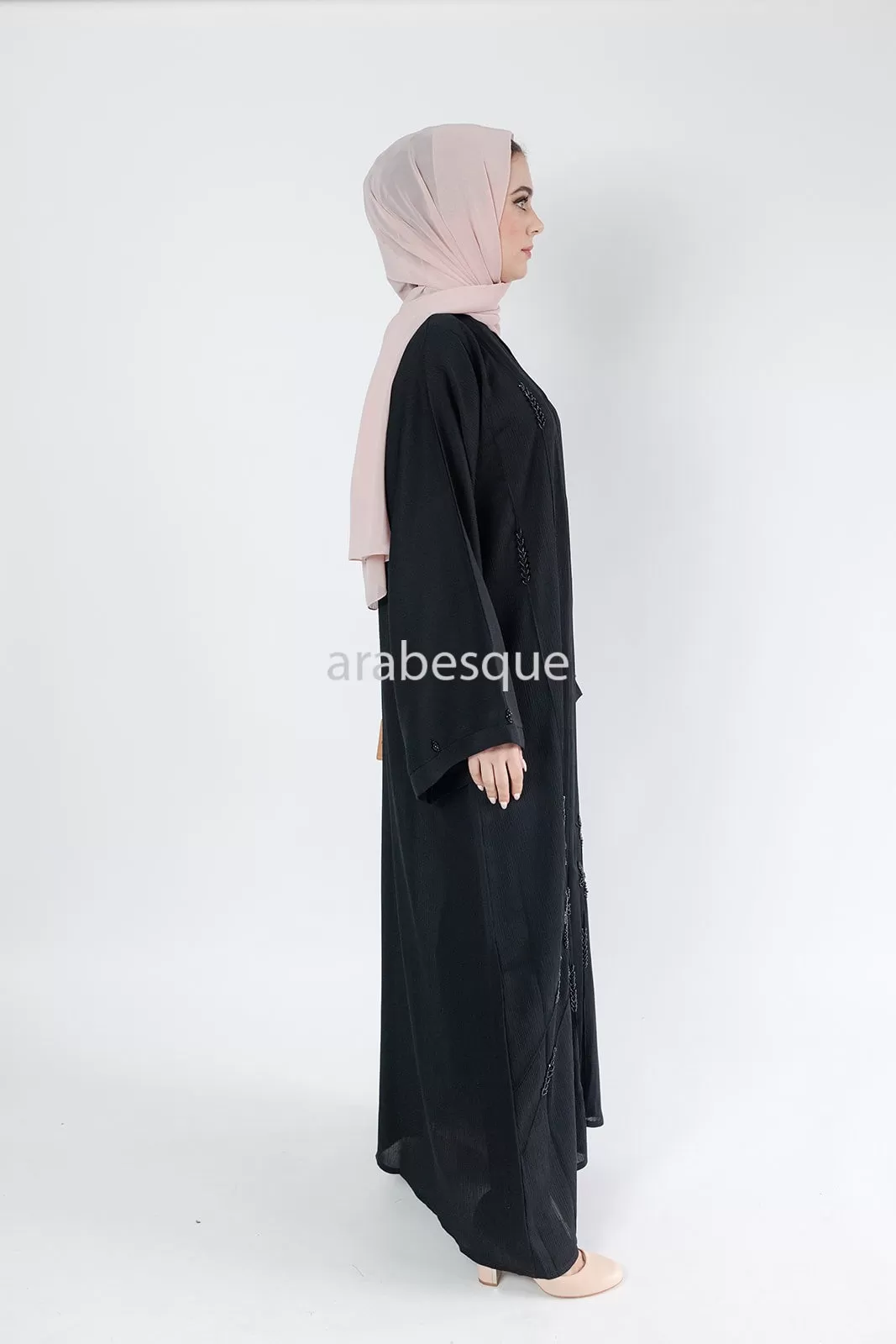 Black Beaded textured Open Abaya