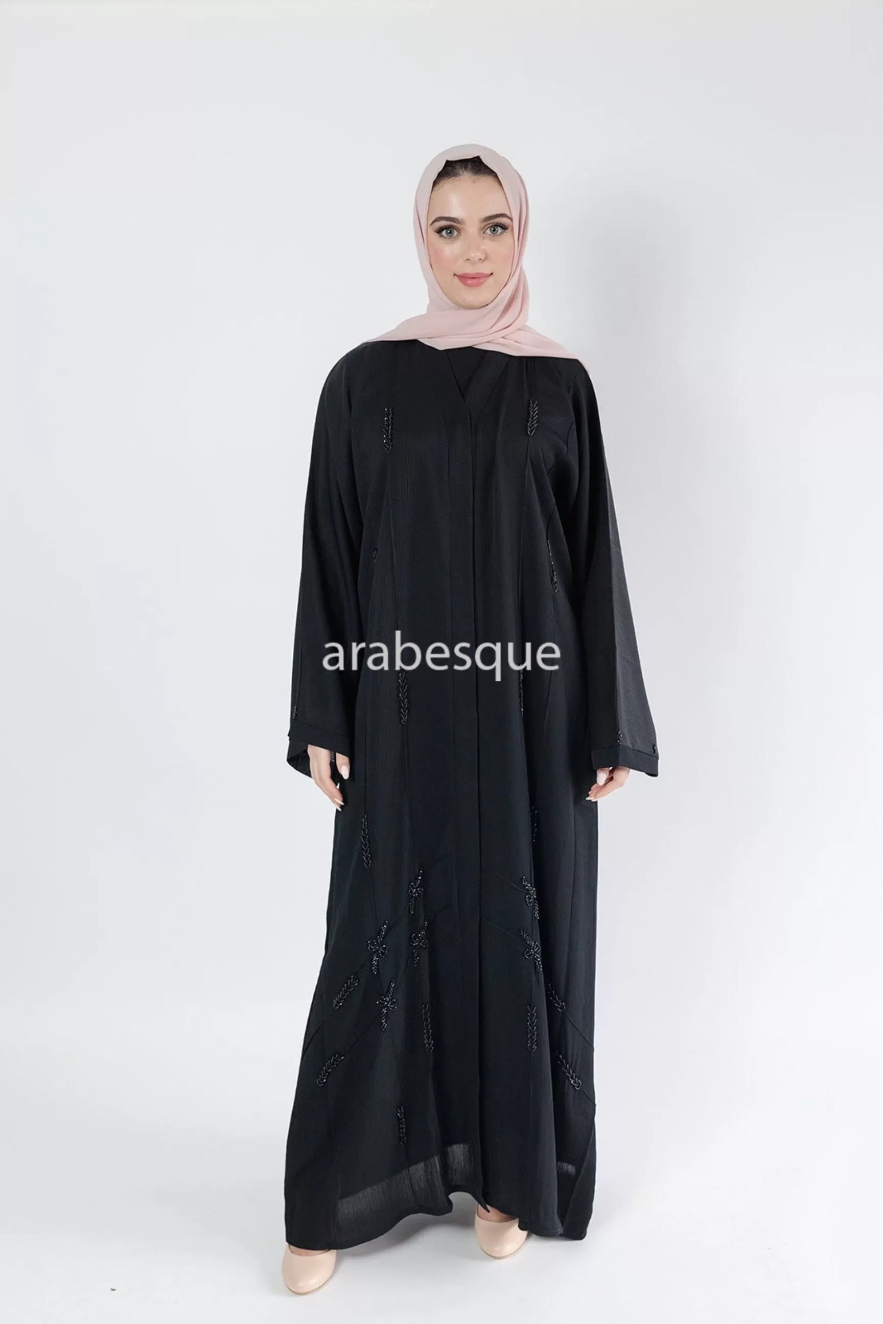 Black Beaded textured Open Abaya