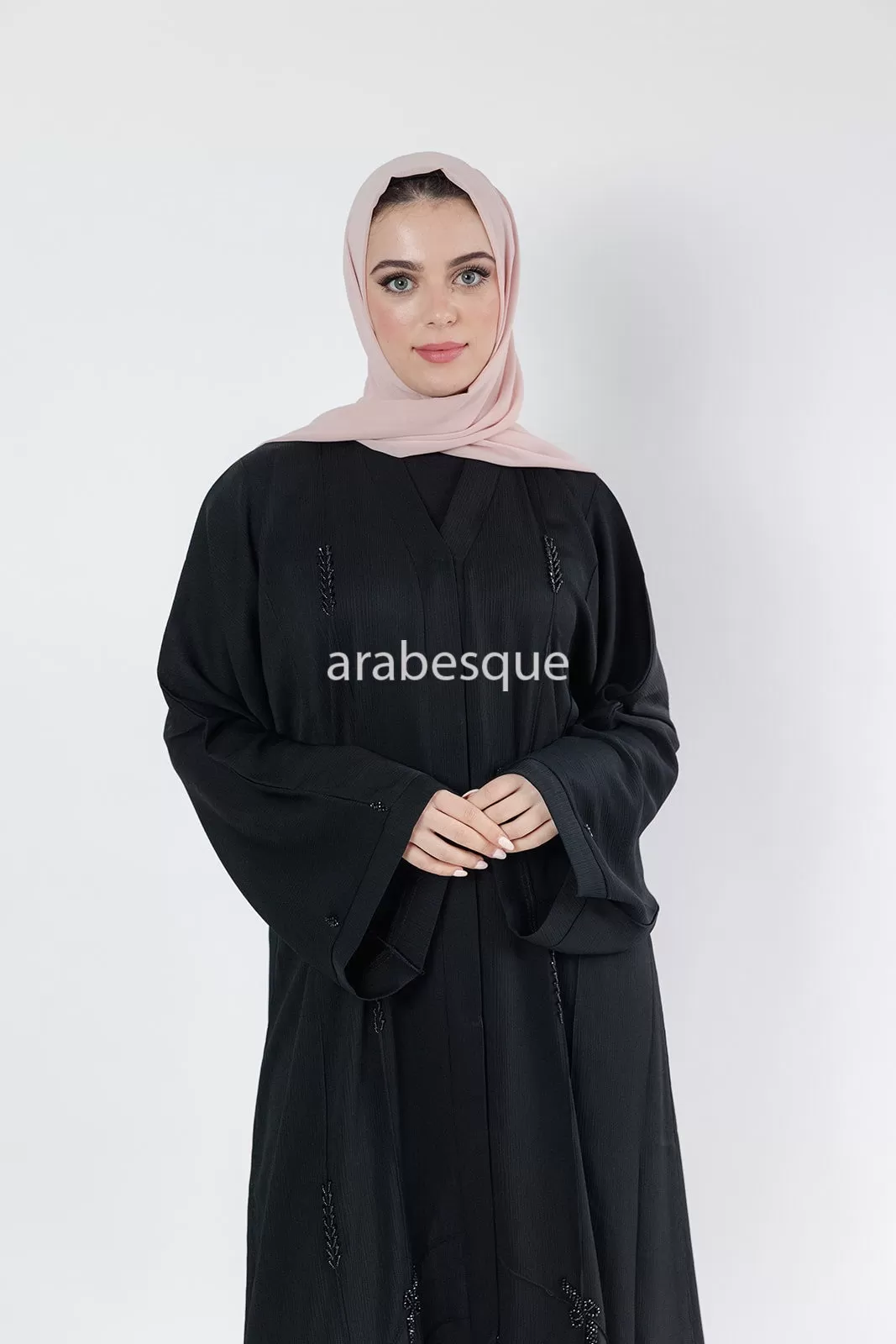 Black Beaded textured Open Abaya