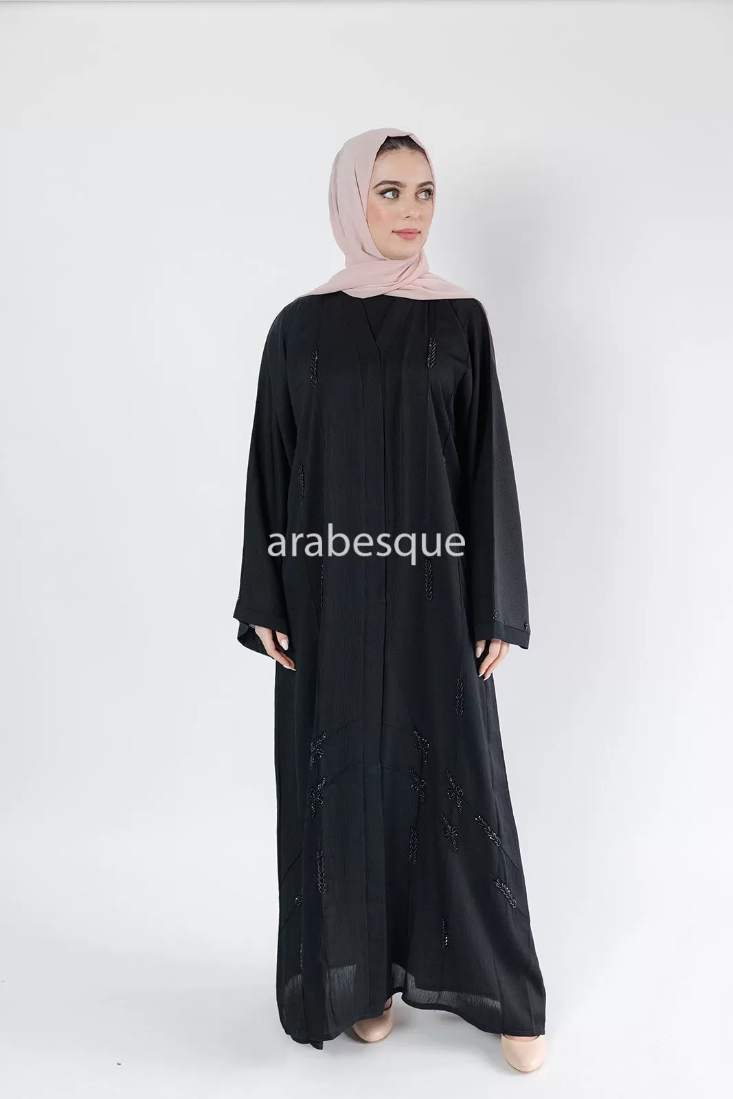 Black Beaded textured Open Abaya