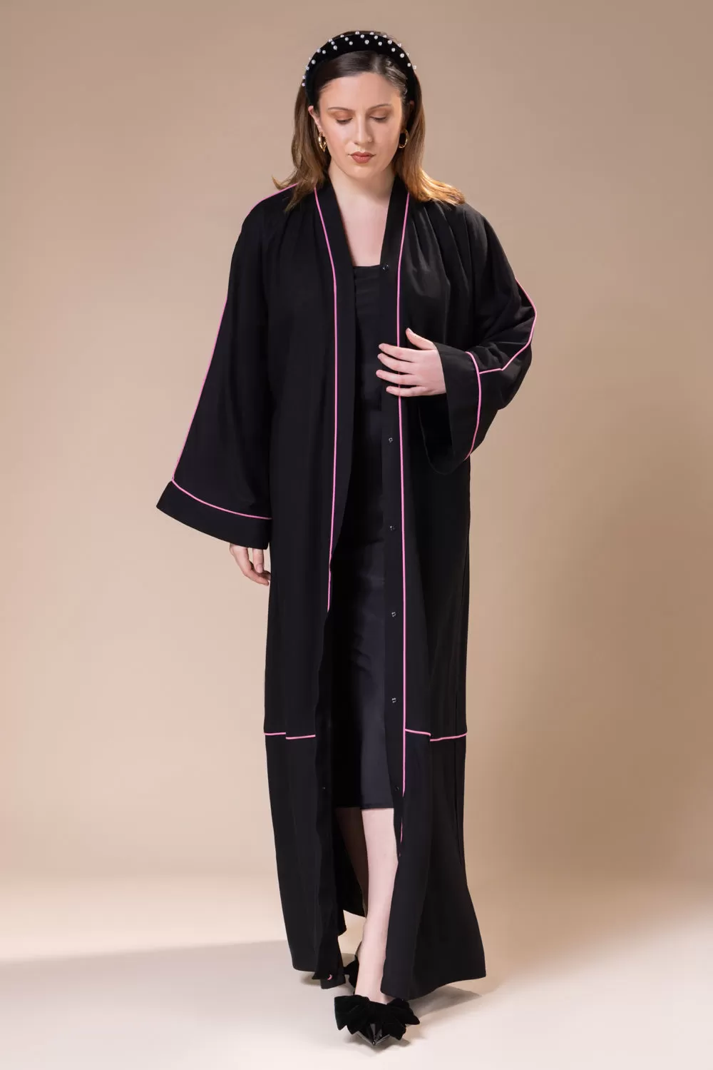 Black Cotton Linen Open Abaya