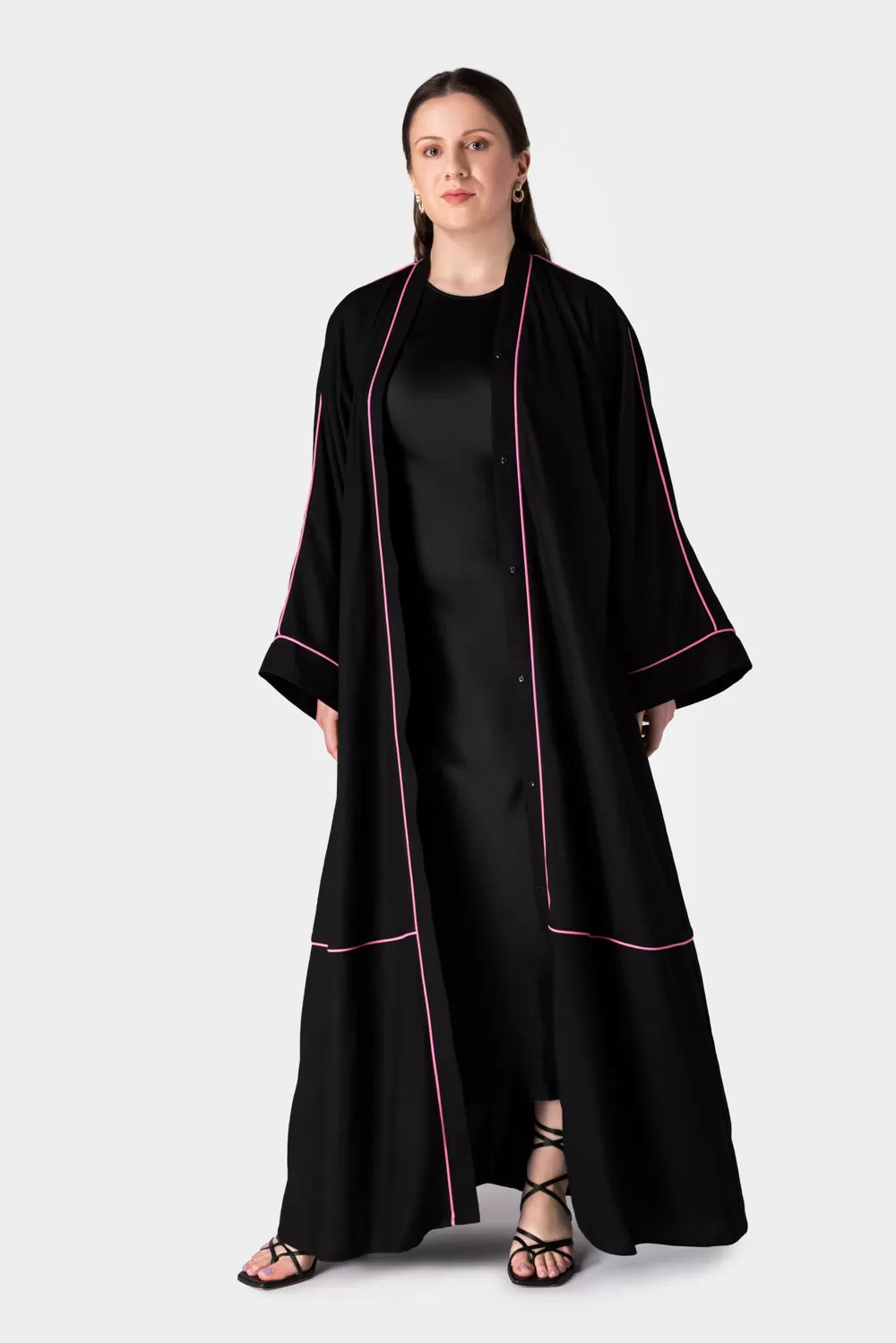 Black Cotton Linen Open Abaya