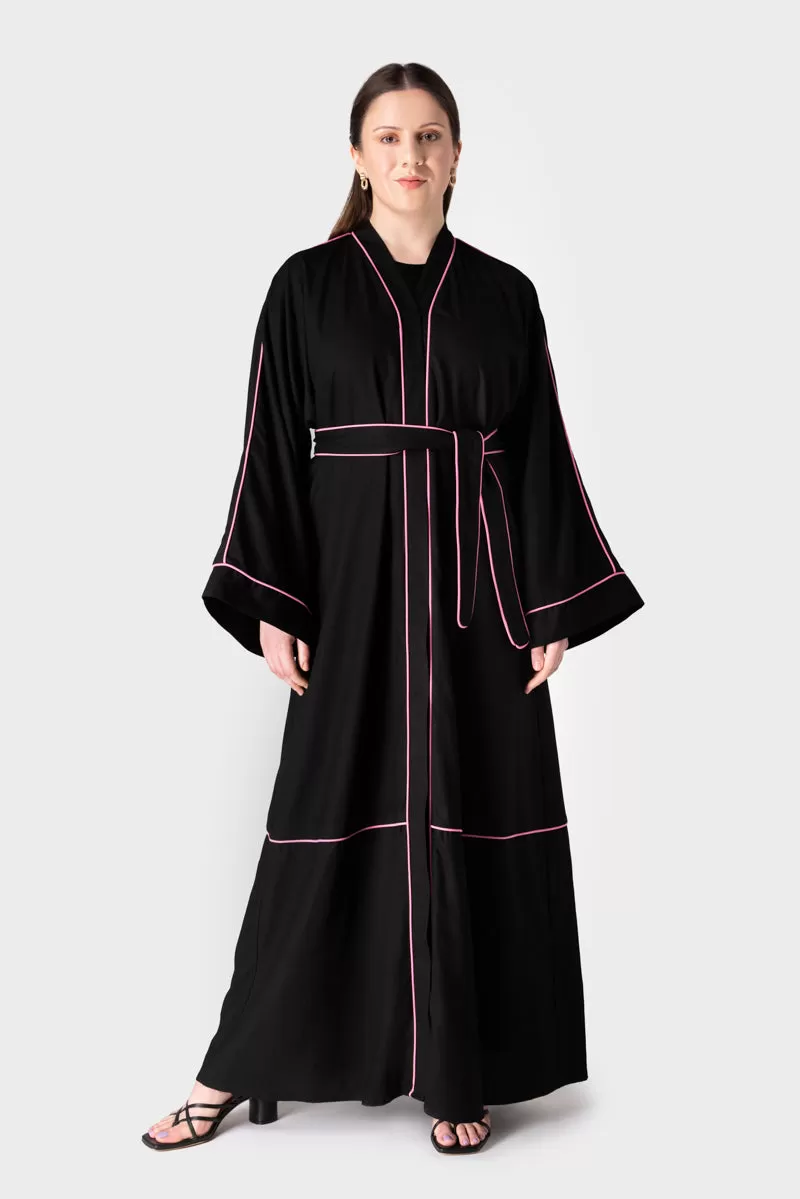 Black Cotton Linen Open Abaya