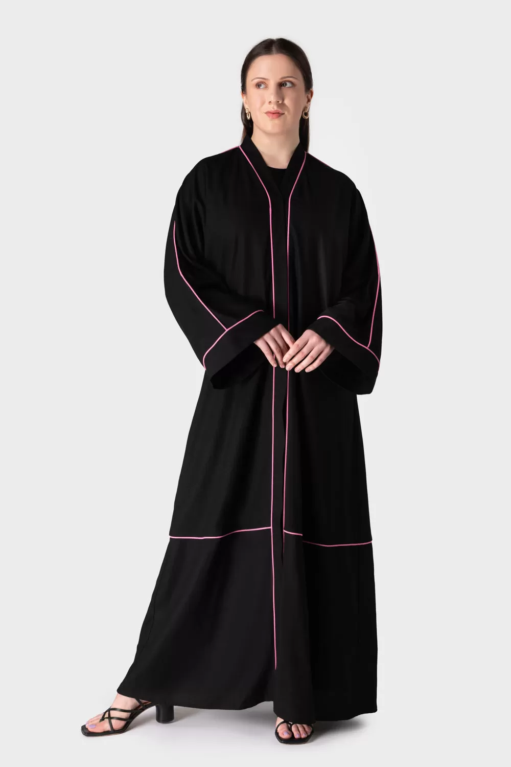 Black Cotton Linen Open Abaya