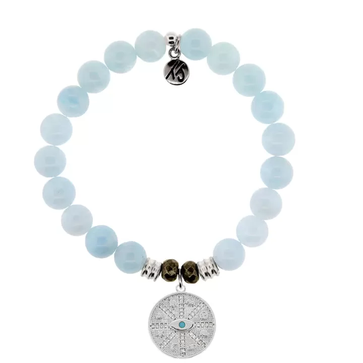 Blue Aquamarine Stone Bracelet with Protection Sterling Silver Charm