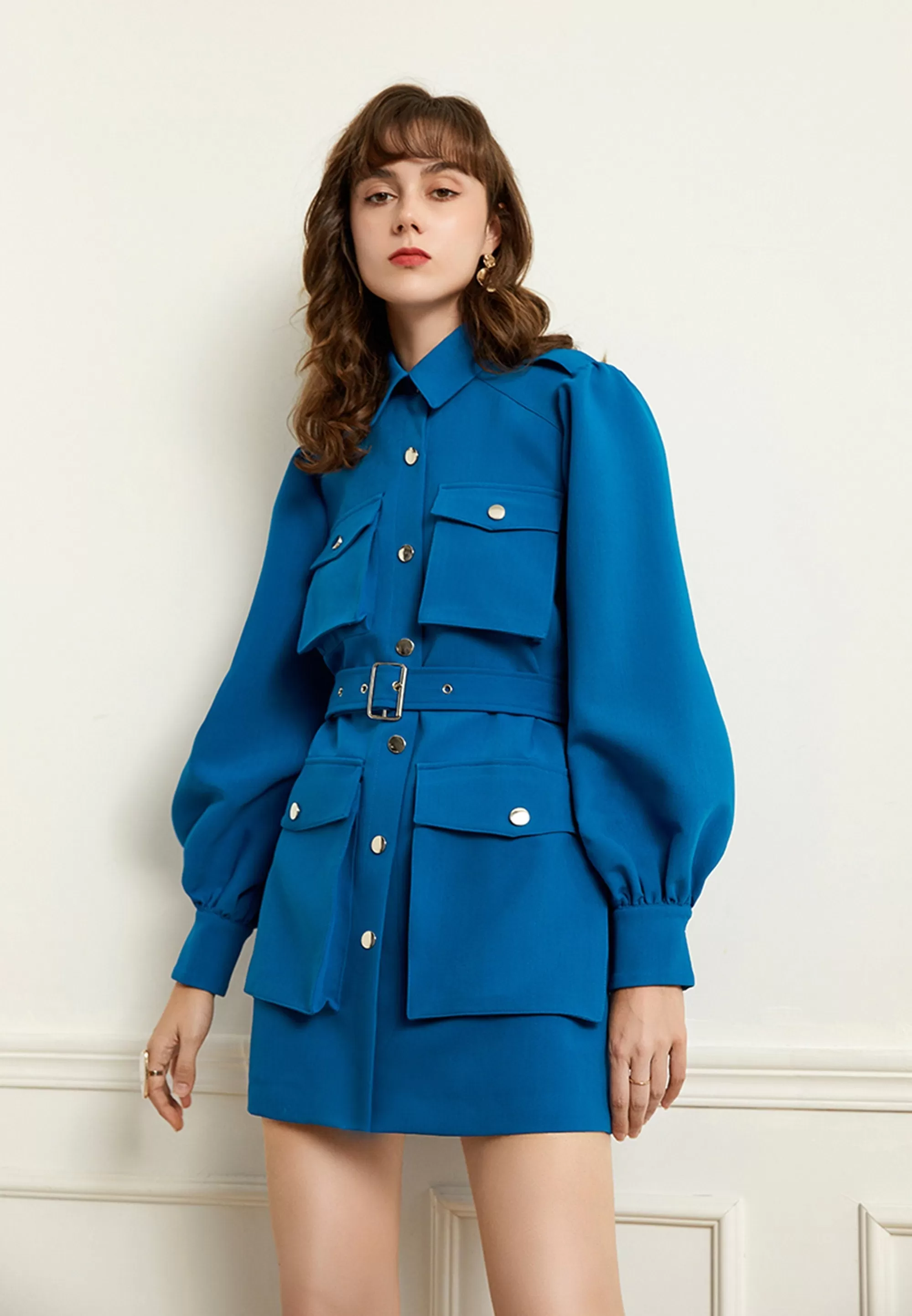 Blue Epaulet Belted Pocket Puff Sleeve Jacket