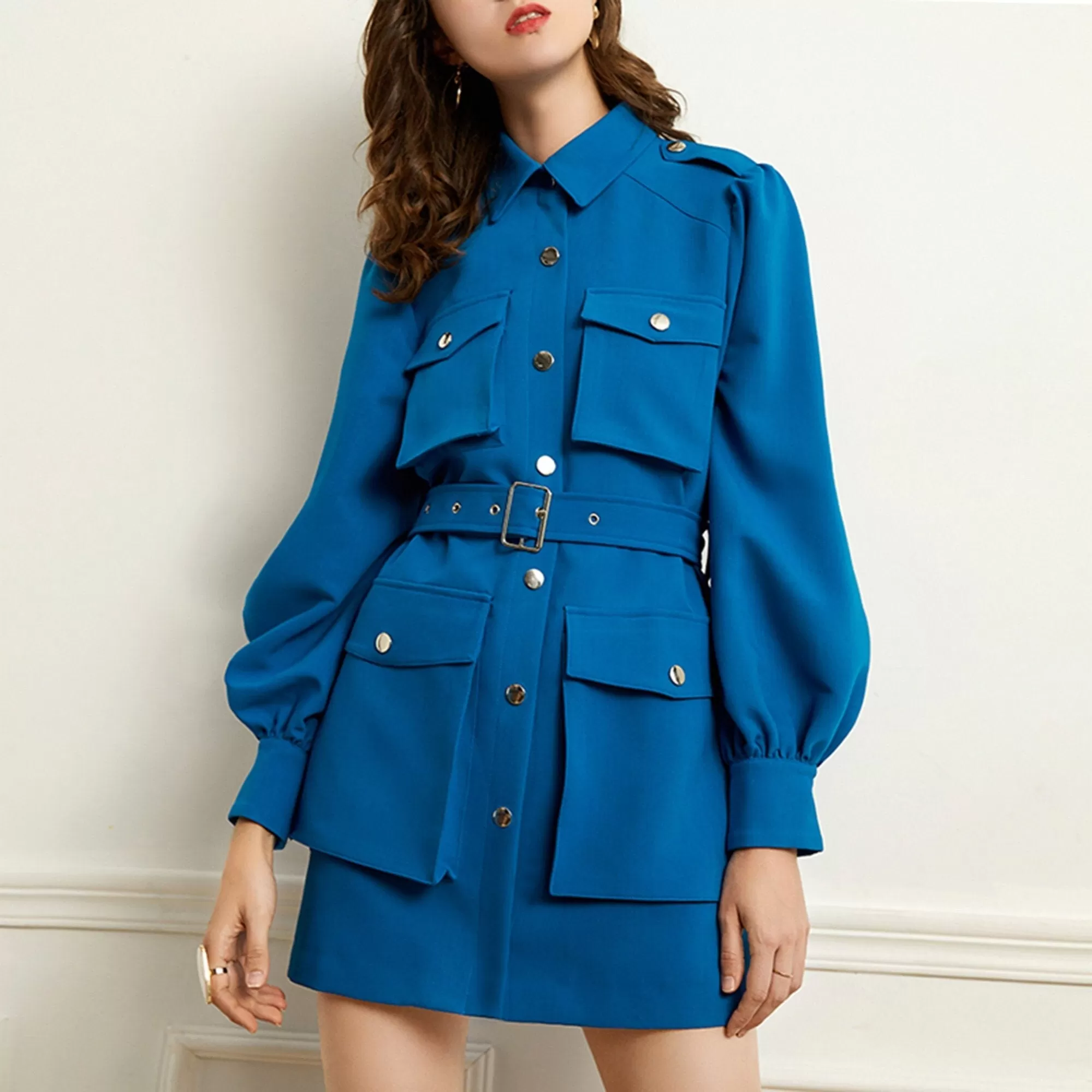 Blue Epaulet Belted Pocket Puff Sleeve Jacket