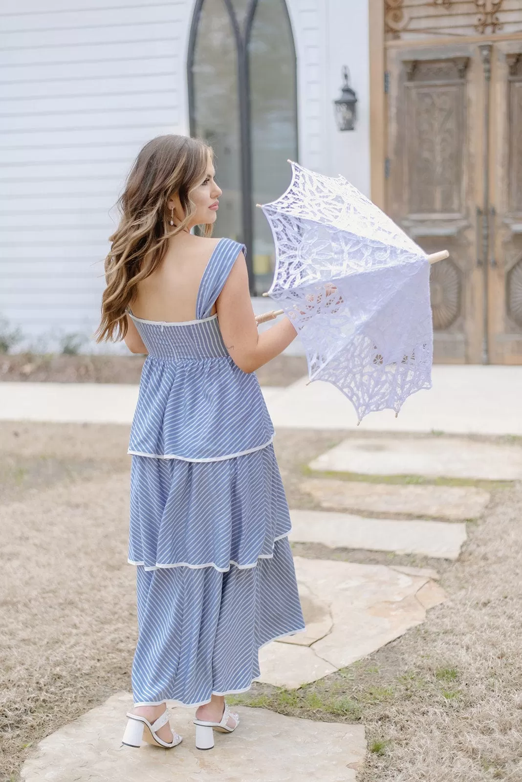 Blue Striped Tiered Ruffle Midi Dress