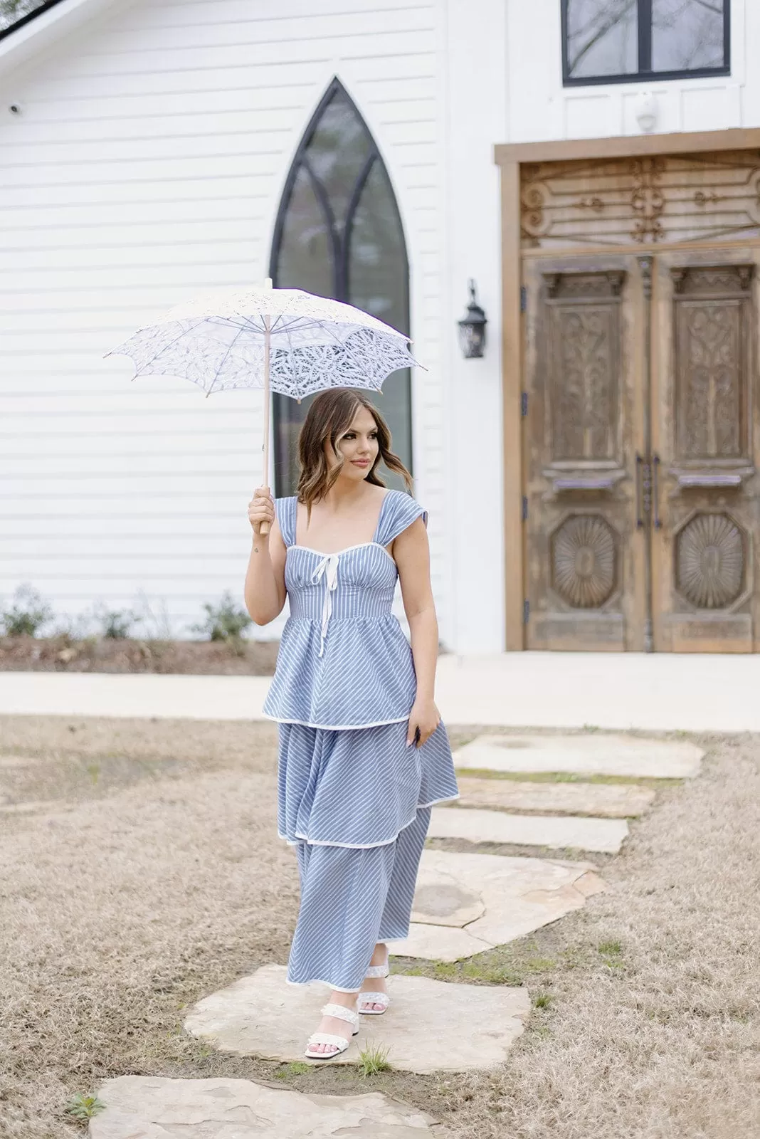 Blue Striped Tiered Ruffle Midi Dress