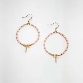 Blush Pink & Cream Earrings with Cross Charm