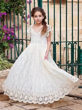 Boho Ivory Short Sleeves Flower Girl Dresses A-Line Long Party Dresses for Kids