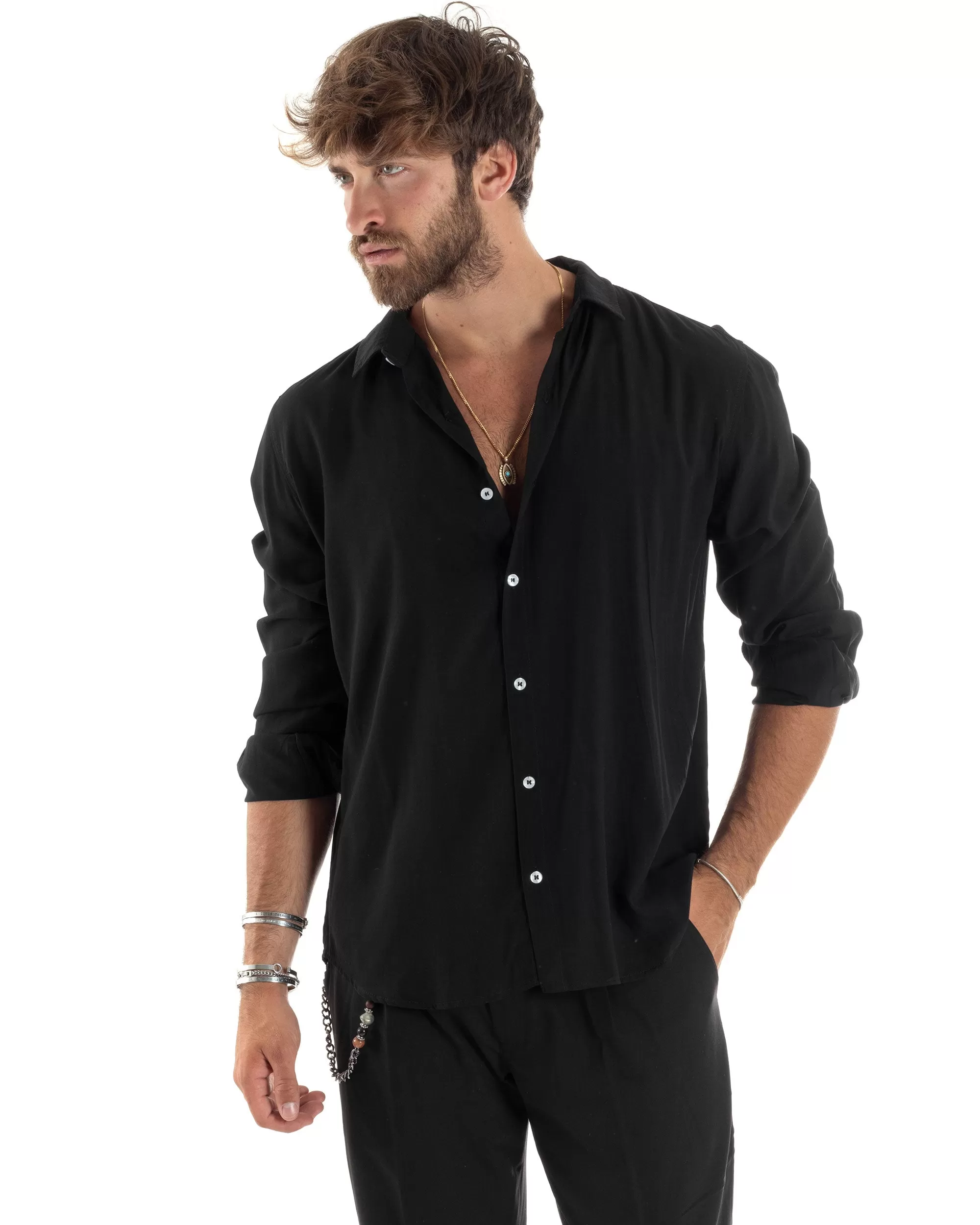 Camicia Maniche Lunghe Uomo Viscosa Basic Regular Fit Collo Camicia Classico Sartoriale Elegante Casual Nero GIOSAL-C2874A